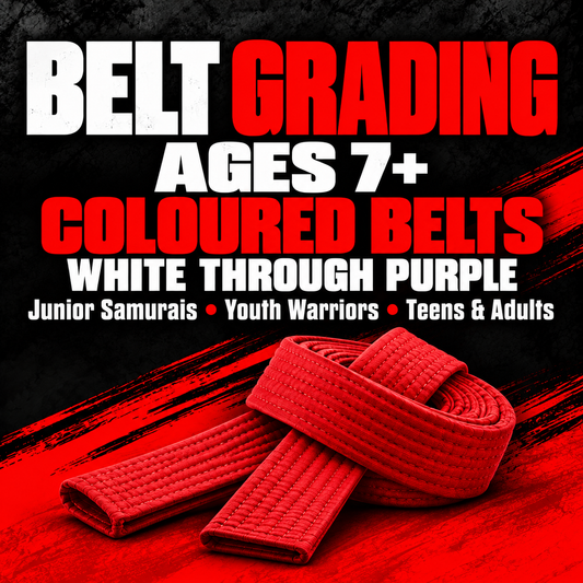 TKC coloured-belt grading for ages 7+, for students currently white through purple belt.
