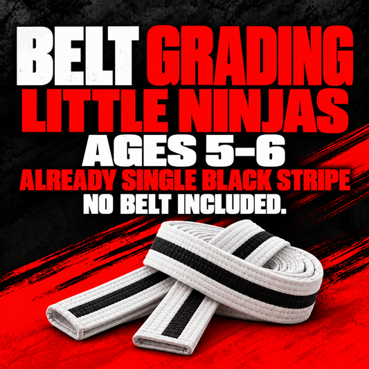 Little Ninjas grading for existing single black-stripe belts, ages 5–6; no belt included.