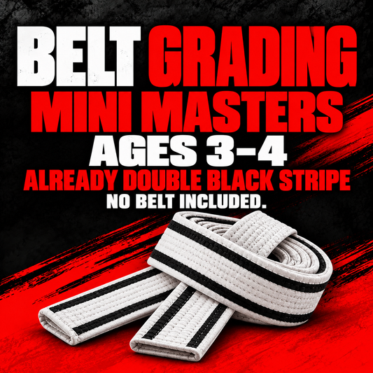 Mini Masters grading for existing double black-stripe belts, ages 3–4; no belt included.