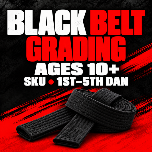 SKU black belt grading, ages 10+, first to fifth Dan.