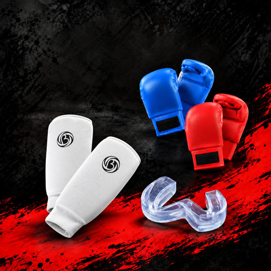 Youth Warriors sparring pack with hand mitts, white shin-only pads and a gum shield.
